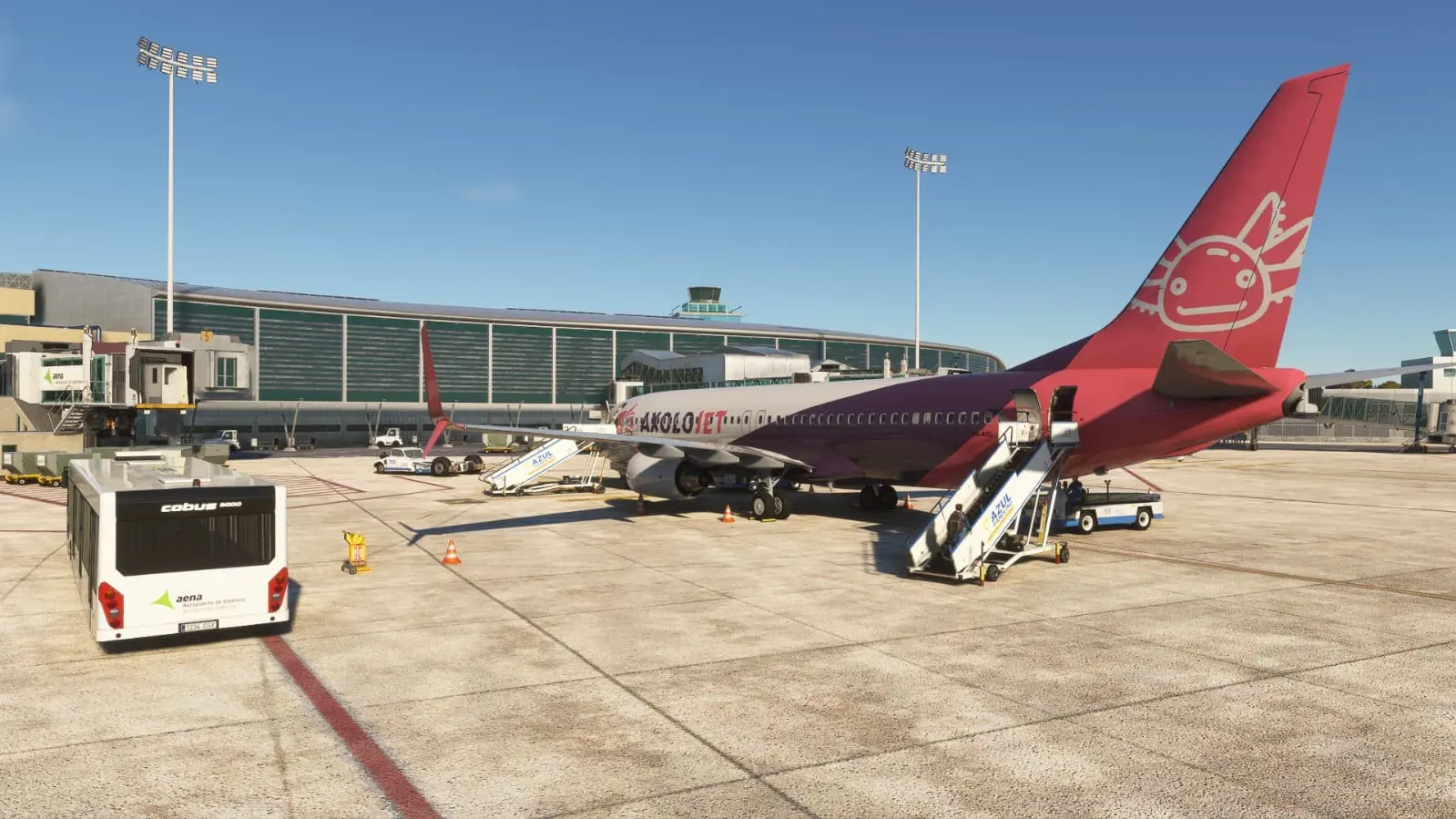 Axolojet Boeing 737 on a remote stand with a passenger bus