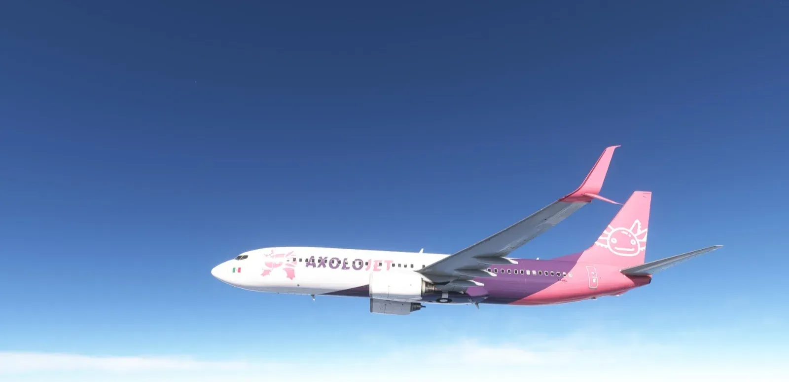 Axolojet Boeing 737 cruising in a blue sky