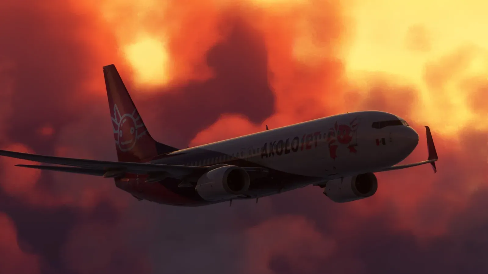 Axolojet Boeing 737 among red clouds
