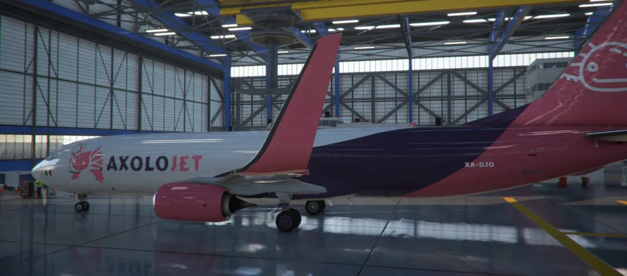 Axolojet Boeing 737 inside the hangar