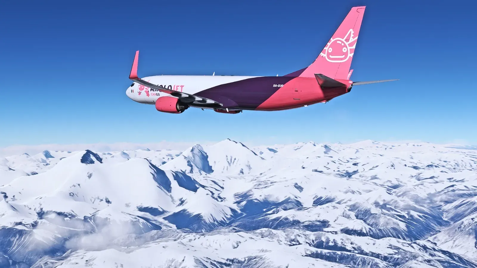 Axolojet Boeing 737 over snowy mountains