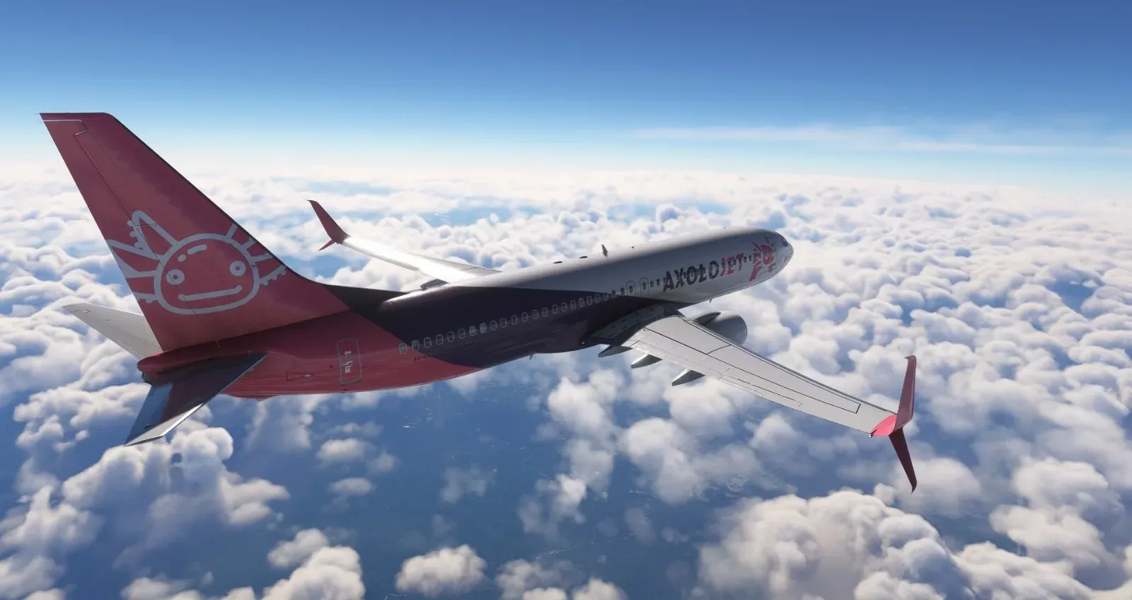 Axolojet Boeing 737 seen from above over a sea of clouds