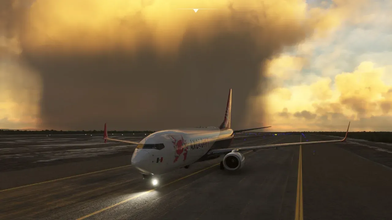 Axolojet Boeing 737 taxiing with a golden storm behind it