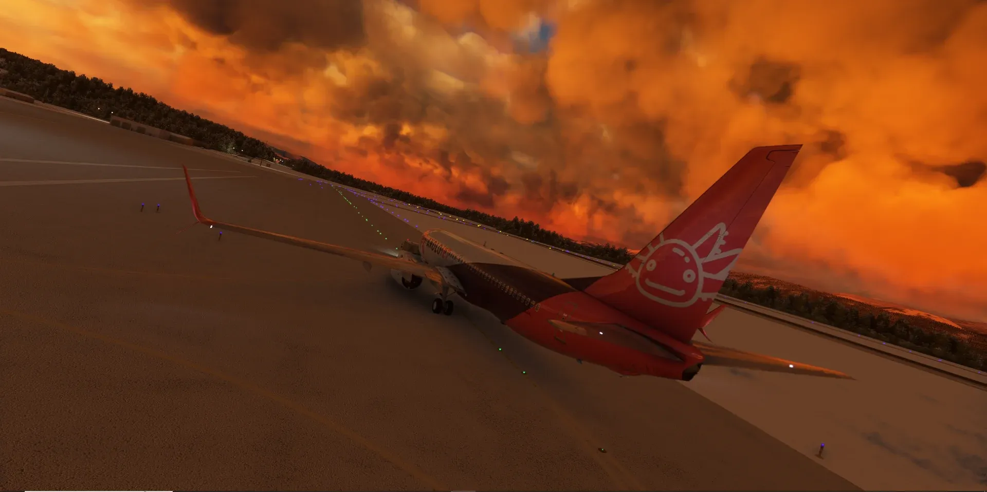 Cola del 737 de Axolojet bajo un cielo naranja de tormenta