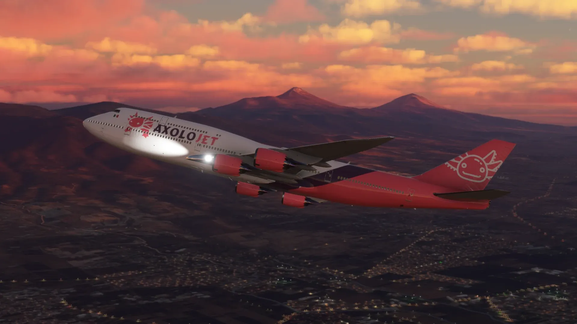 Boeing 747 de Axolojet al atardecer entre montañas