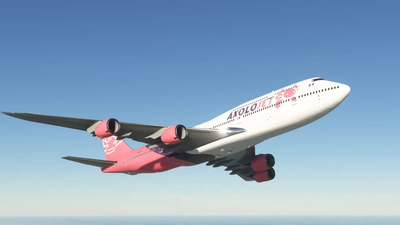 Pink Axolojet Boeing 747 climbing