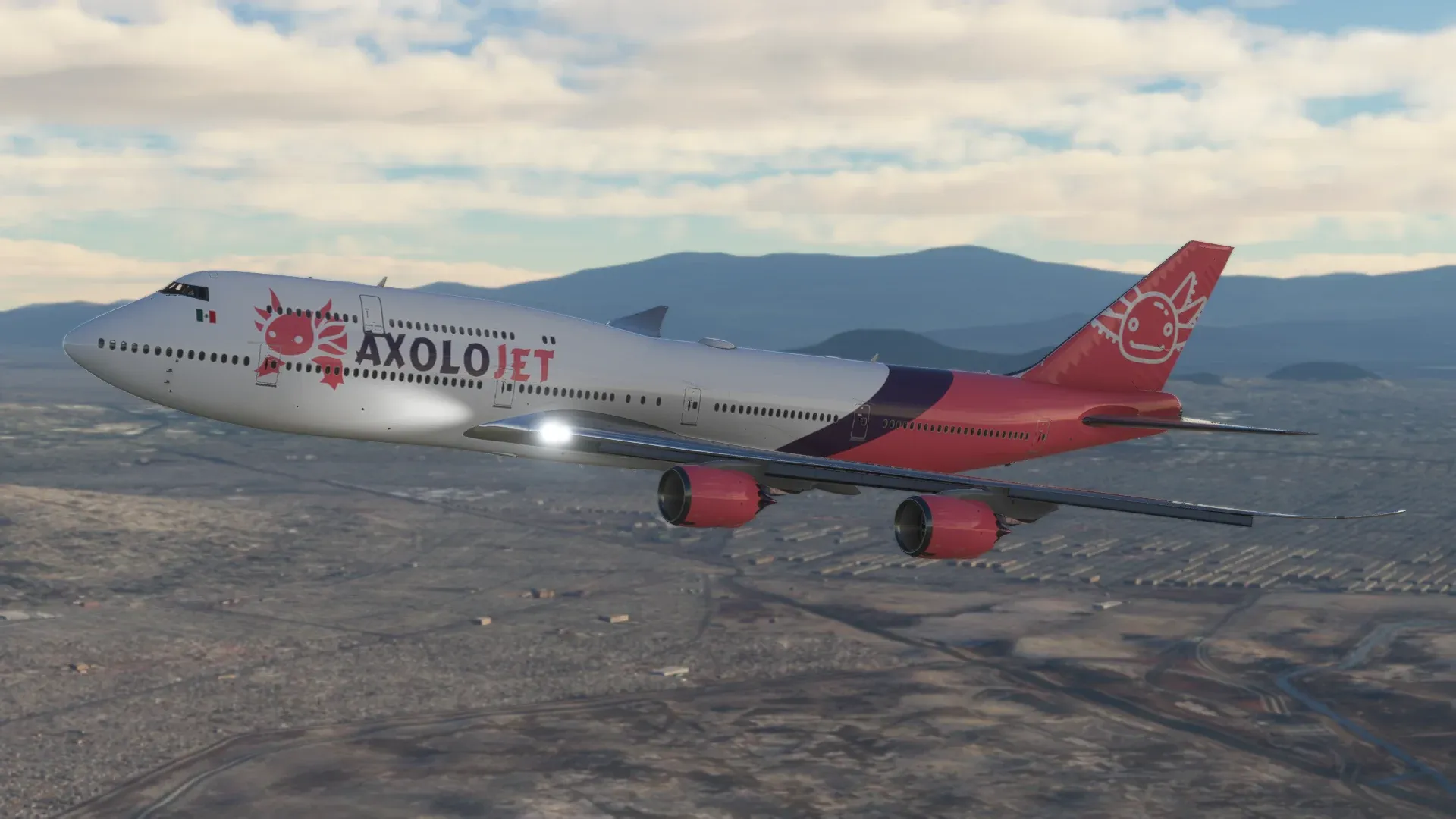 Boeing 747 de Axolojet en vuelo con volcanes al fondo