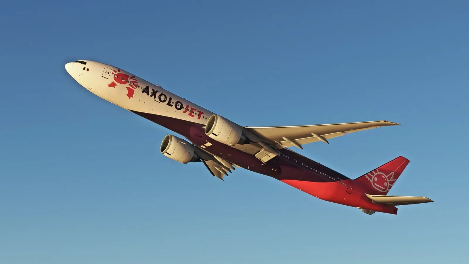 Axolojet Boeing 777 climbing into a blue sky