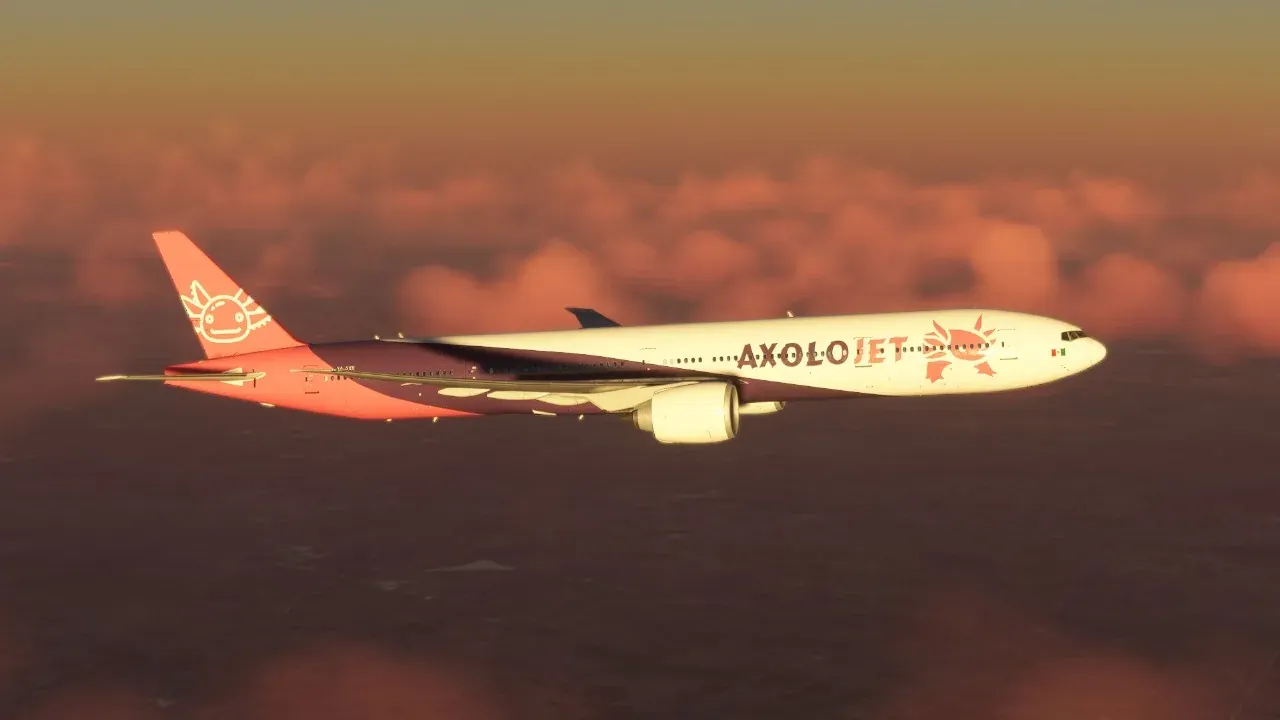 Axolojet Boeing 777 over pink sunset clouds