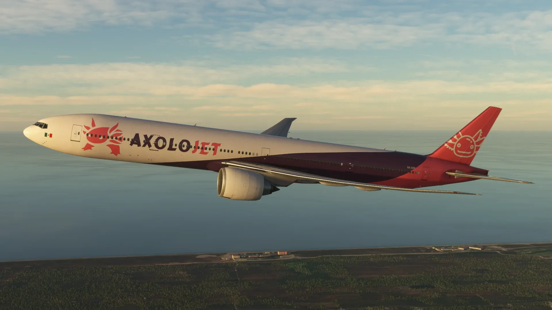 Boeing 777 de Axolojet volando sobre el mar