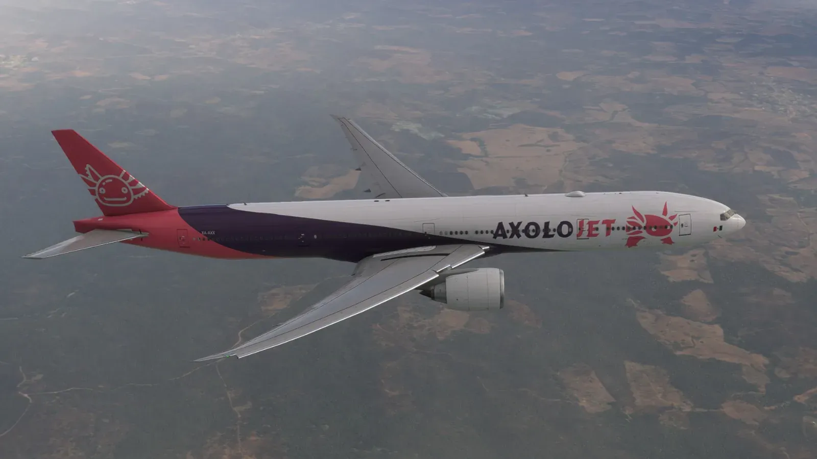Axolojet Boeing 777 in profile over the countryside