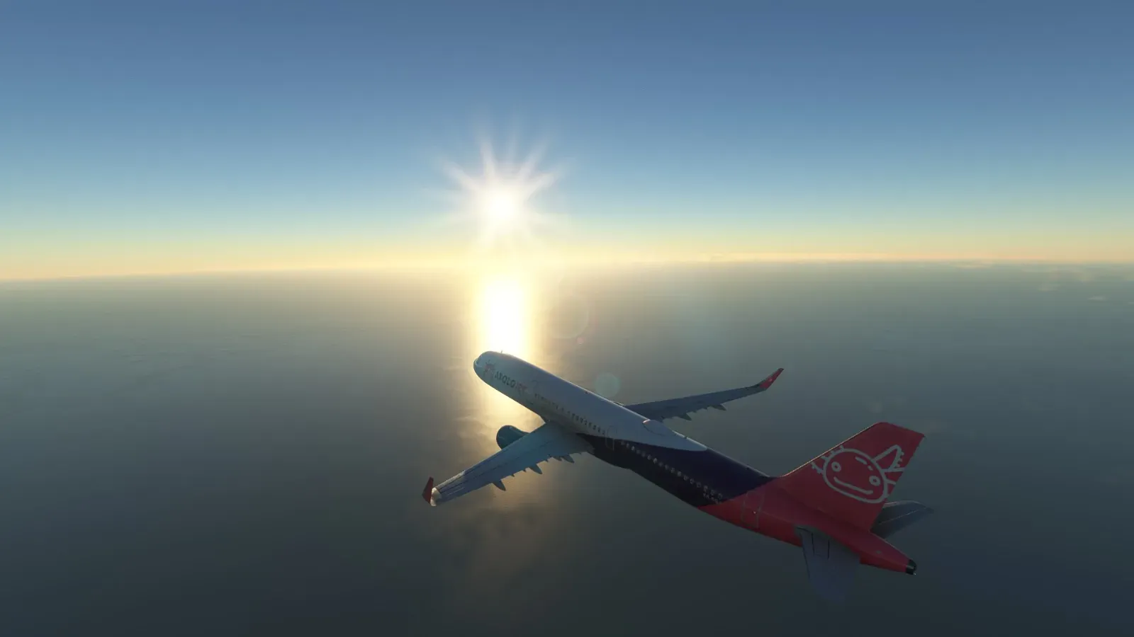 Axolojet Airbus A320 flying over the sea at sunset