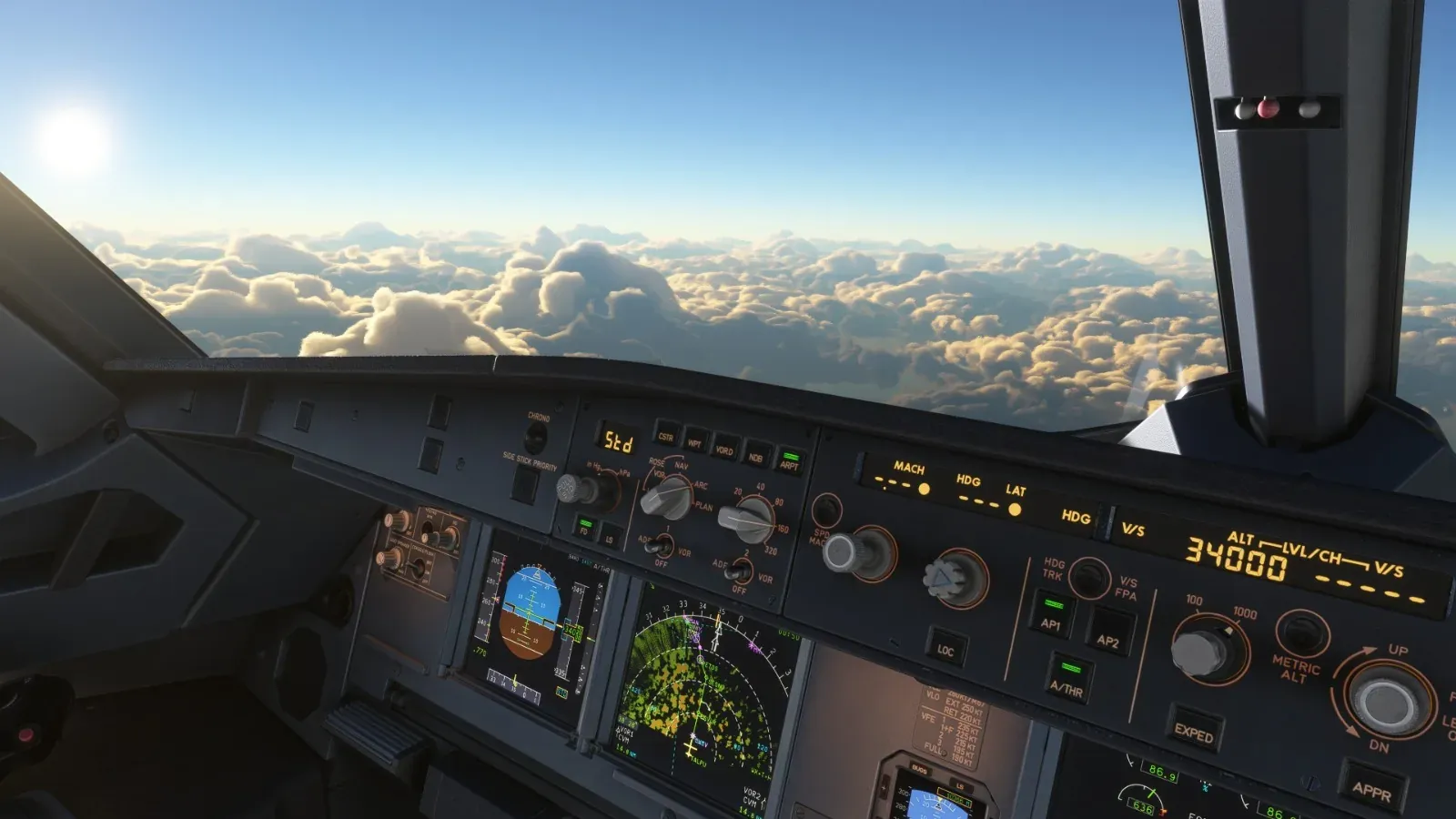 Axolojet Airbus A320 cockpit cruising at 34,000 feet