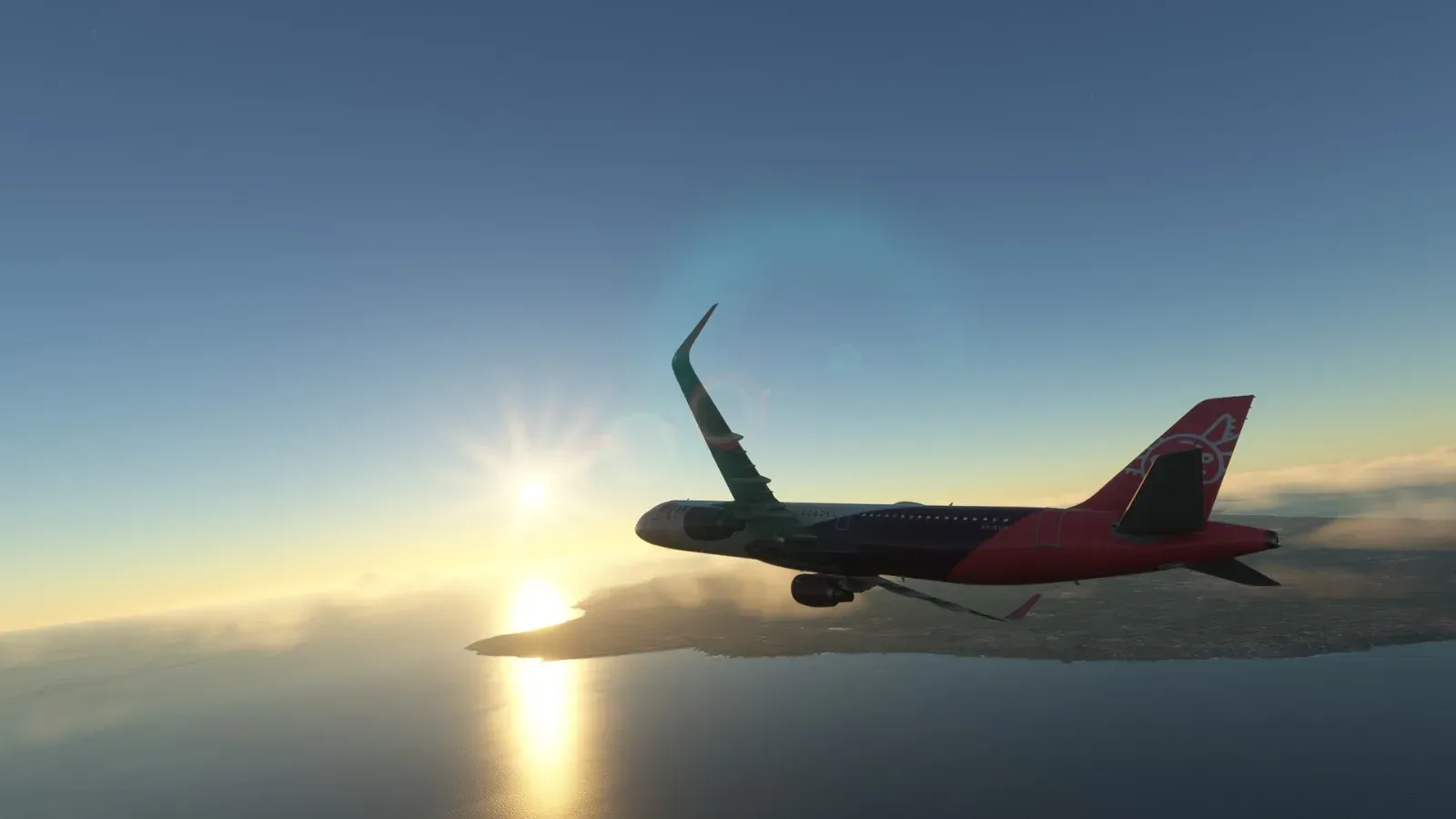 Axolojet Airbus A320 banking against the sun over the sea