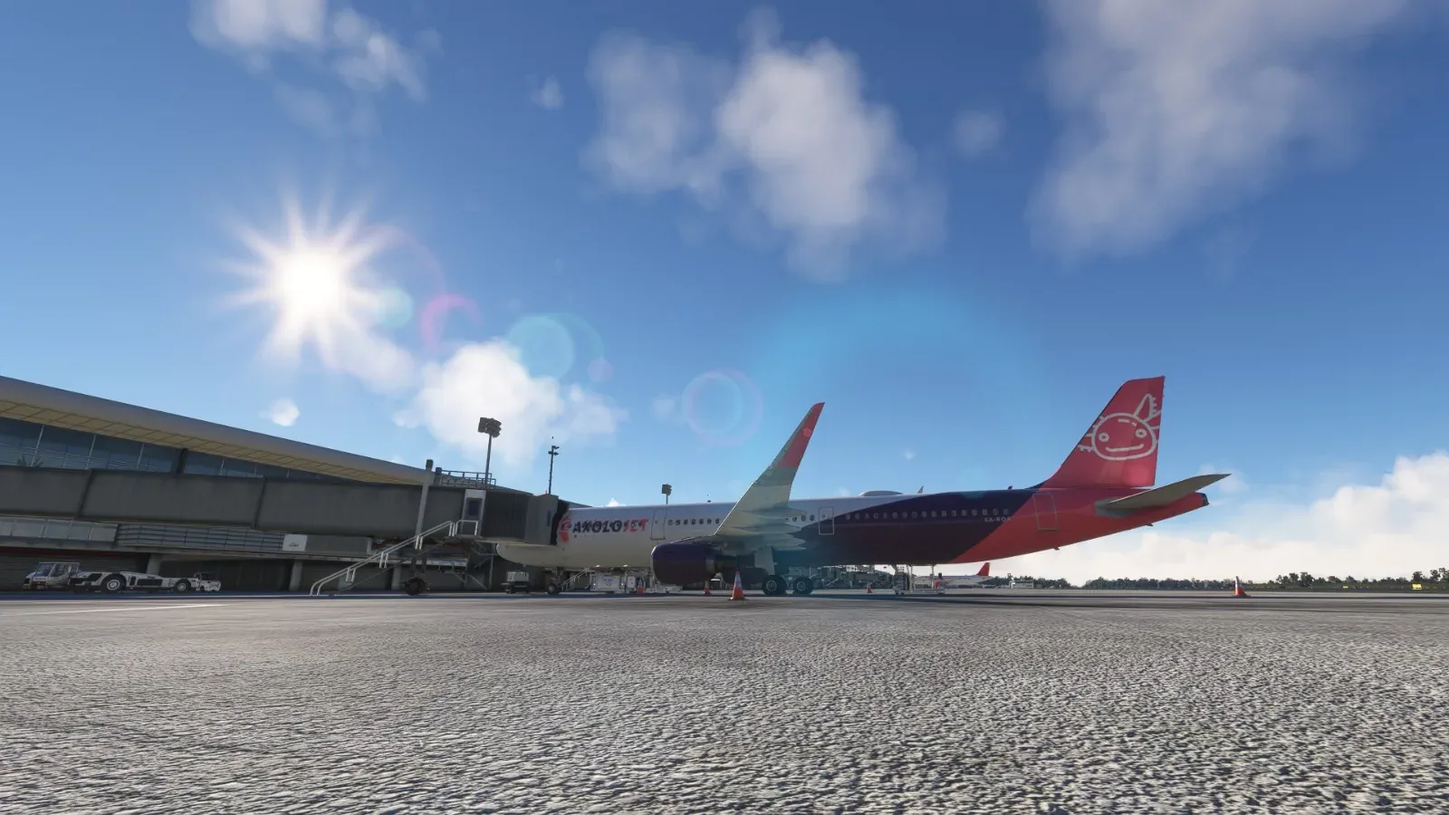 Axolojet Airbus A320 at the terminal with the sun ahead
