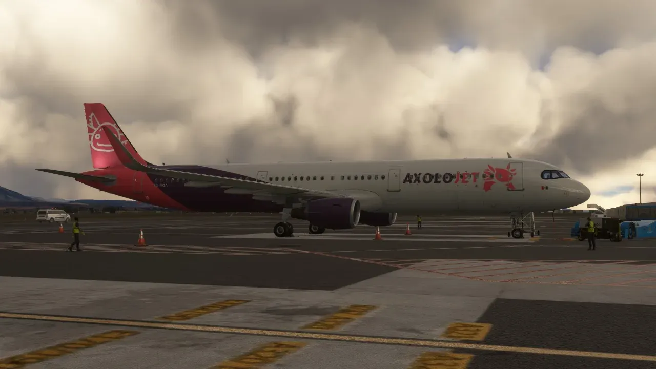 Axolojet Airbus A320 on the apron under a cloudy sky