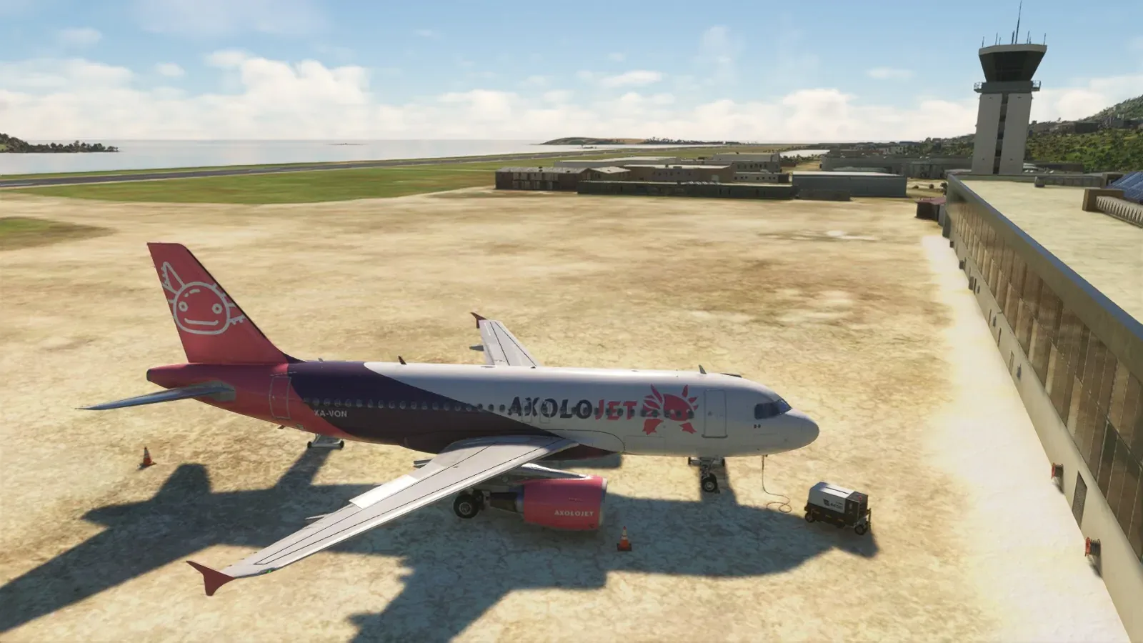 Axolojet Airbus A320 on the apron next to the control tower