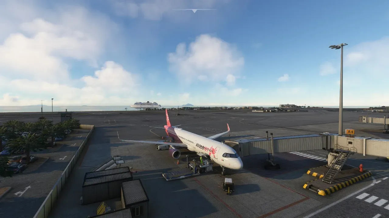 Axolojet Airbus A320 on the apron next to the harbor
