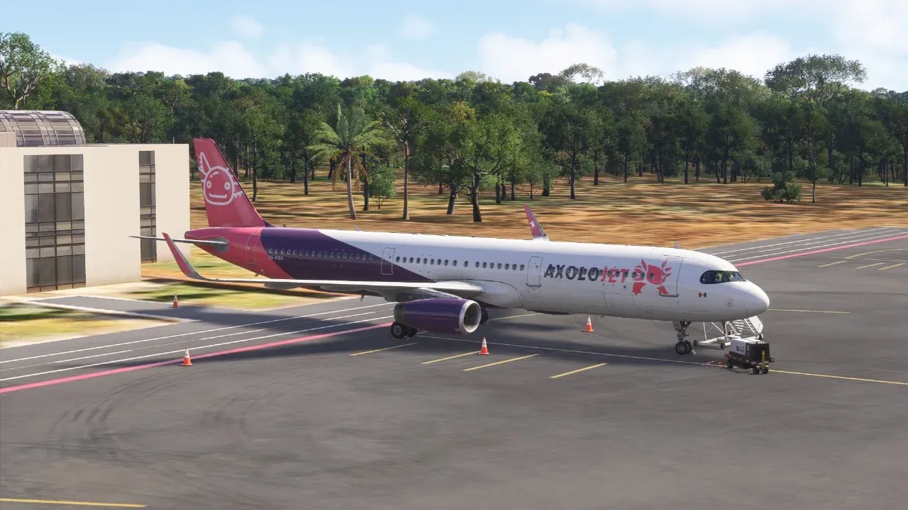 Axolojet Airbus A321 on the apron among palm trees