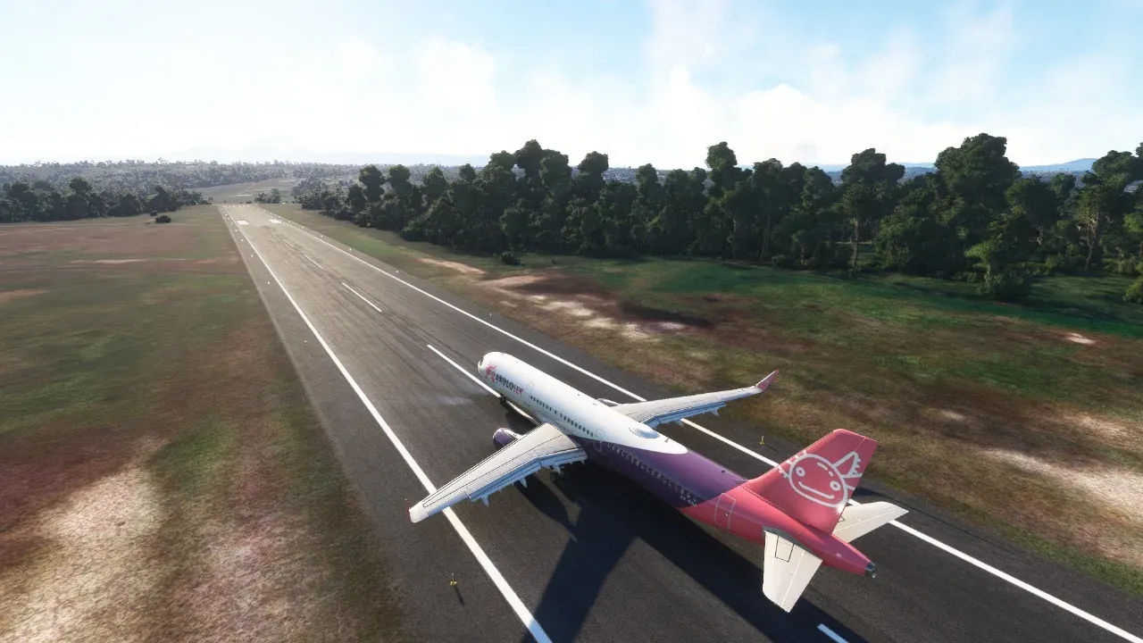 Axolojet Airbus A321 on a runway surrounded by jungle
