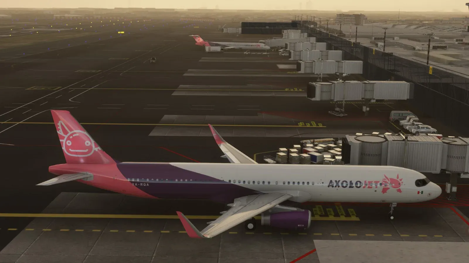 Axolojet Airbus A321 at its gate at sunset