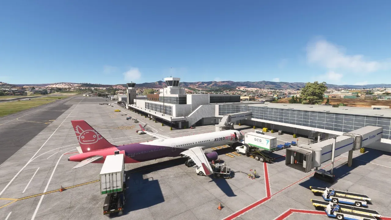 Axolojet Airbus A321 connected to the terminal