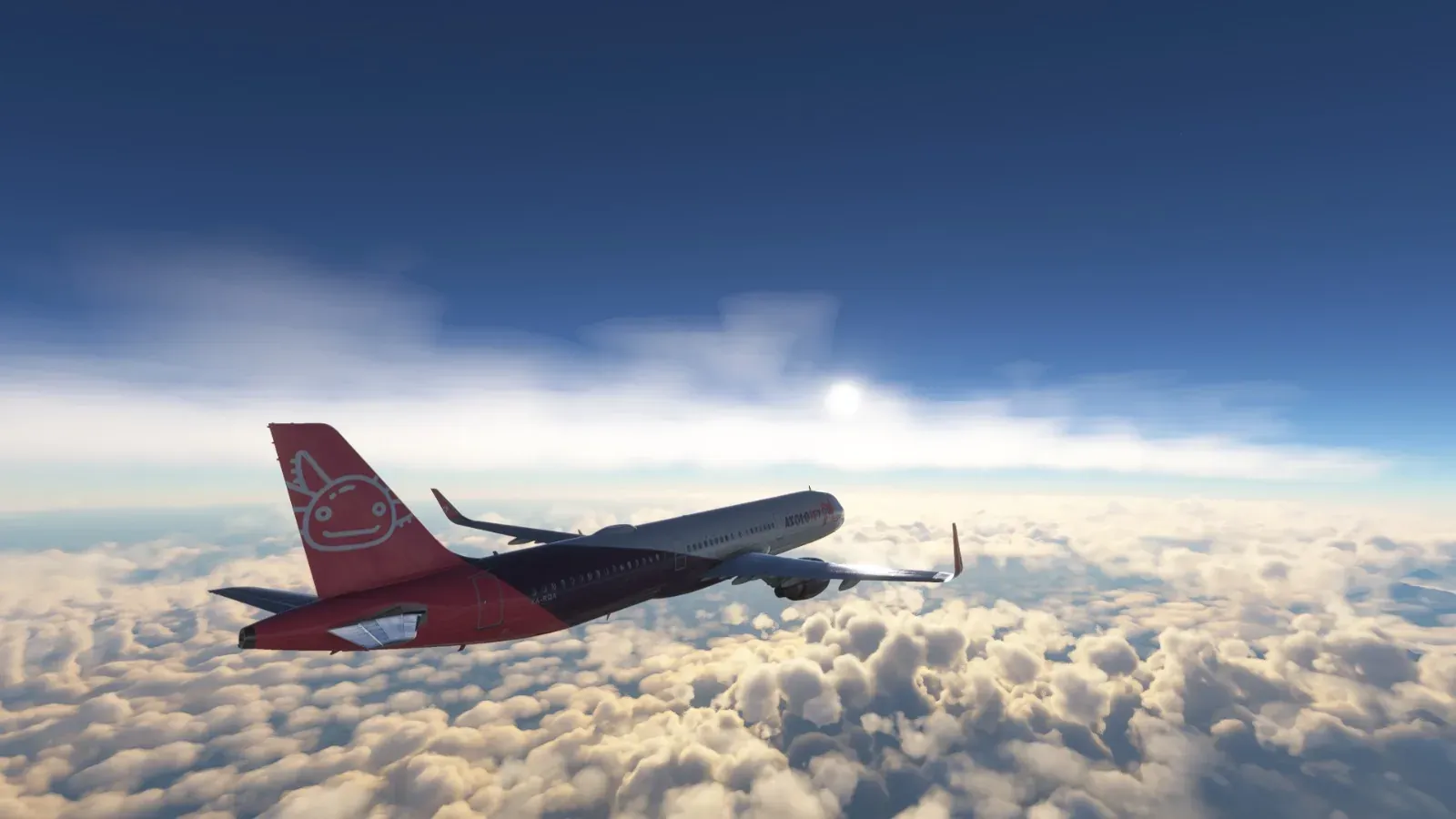 Axolojet Airbus over golden clouds