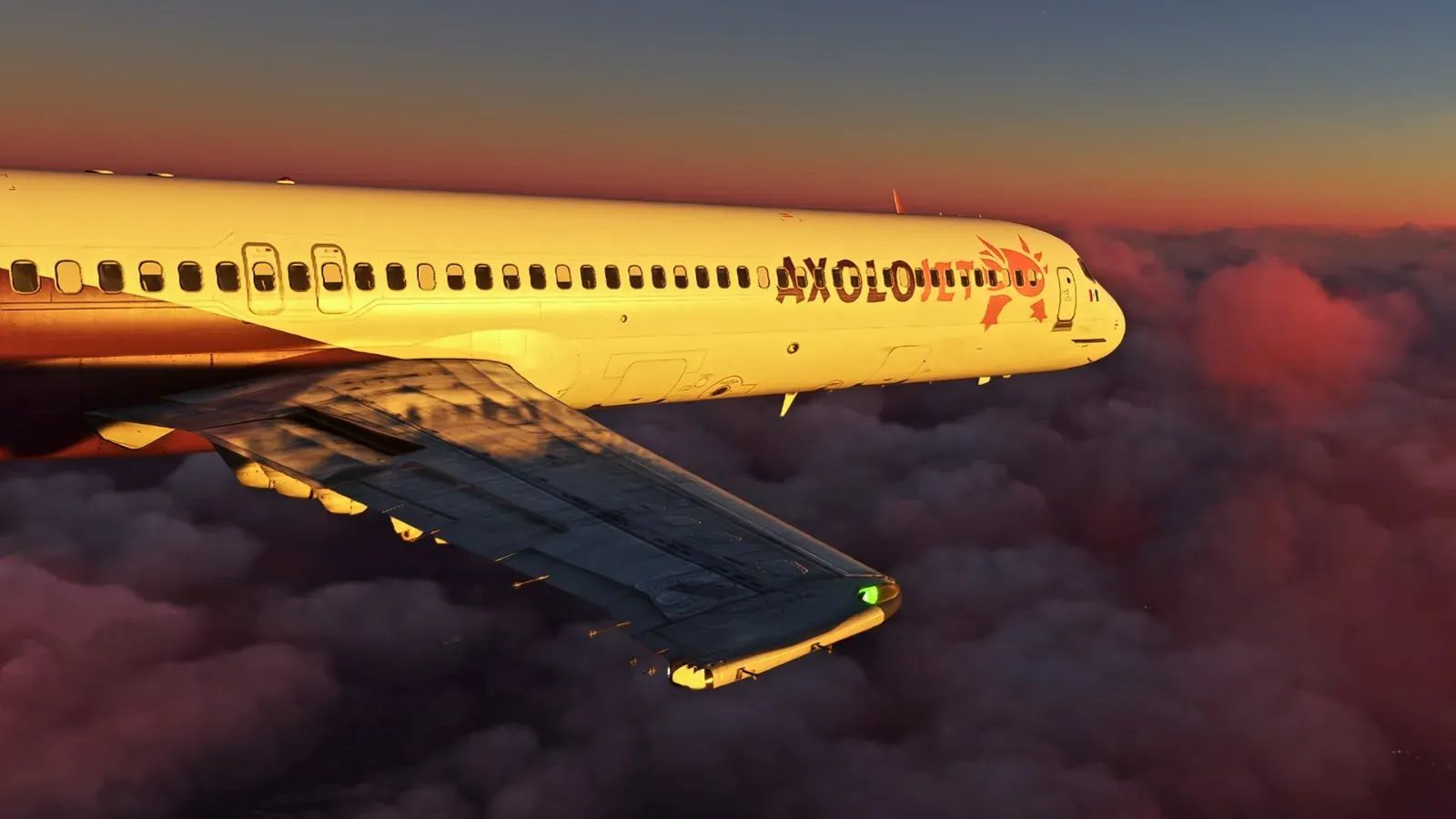Axolojet MD-80 wing lit by the sunset above the clouds