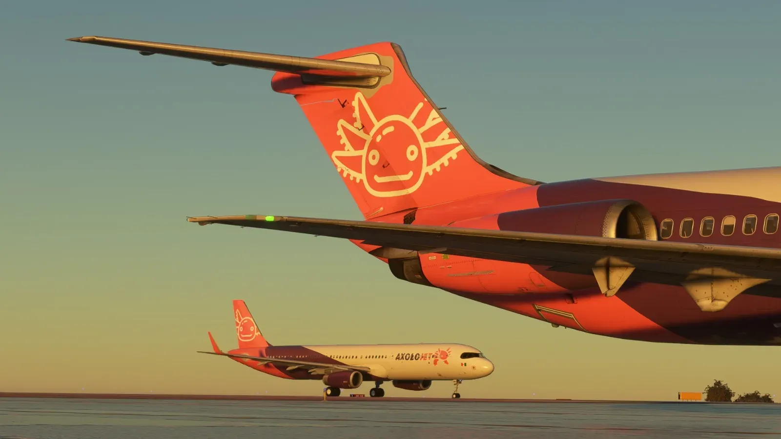 Axolojet MD-80 tail with an A321 on the runway at sunset